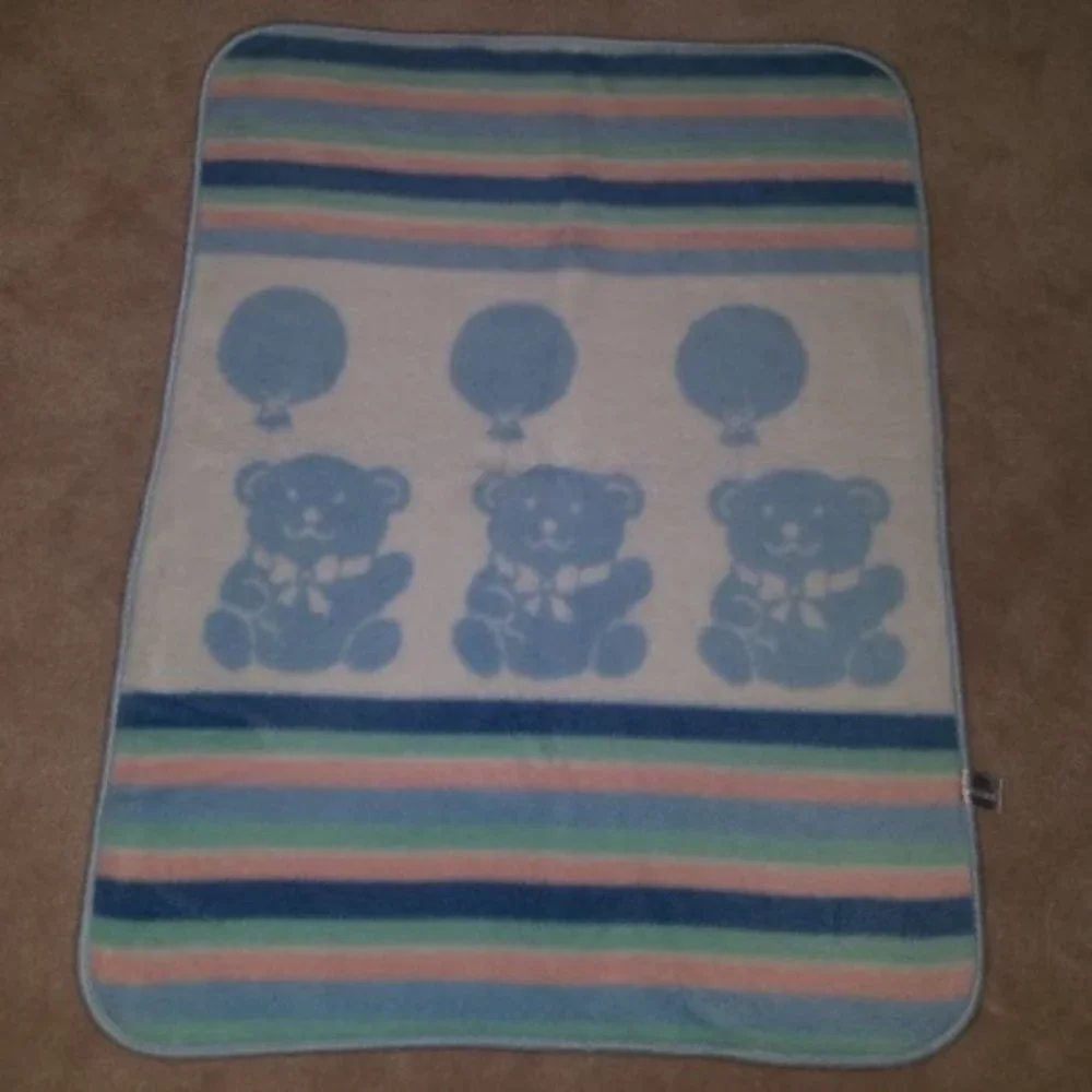 VTG Blue Baby Blanket Lovey Welcome Home Teddy Bear Santonja Acrylic Blend